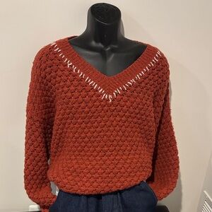 Anthropologie Moon River Knit boho Hippie Rust Sweater with V-Neck Detailing